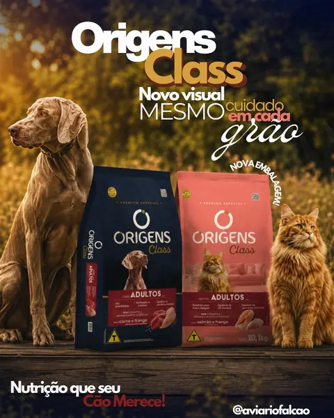 Arte de lançamento de nova embalagem de ração Origens Class para cães e gatos, Aviário Falcão