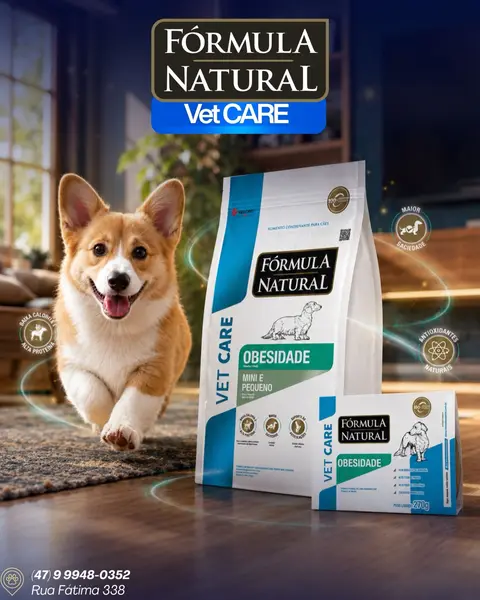Arte da ração Fórmula Natural Vet Care com um corgi correndo em casa, Aviário Falcão