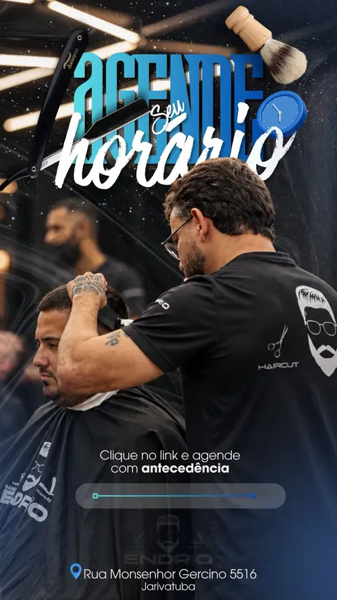 Story 'Agende seu horário' para a Endrio Barbearia, com barbeiro cortando cabelo