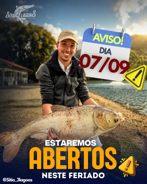 Arte "Estaremos abertos neste feriado" do Sítio 3 Lagoas, pesca esportiva, com pescador segurando um peixe grande e calendário de aviso